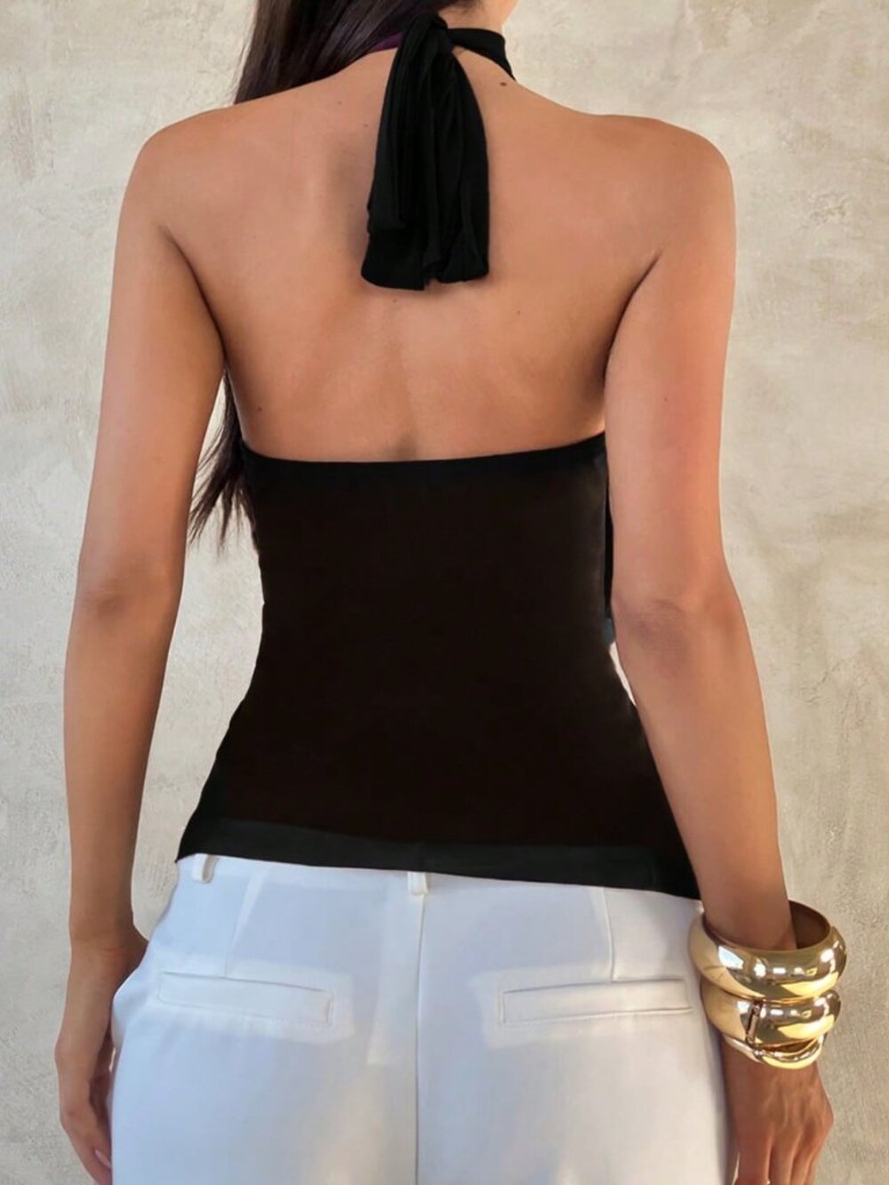 Black Elegant Women's Multi-Layer Ruffle Trim Stand Collar Fitted Tank Top - Picture 2 of 7